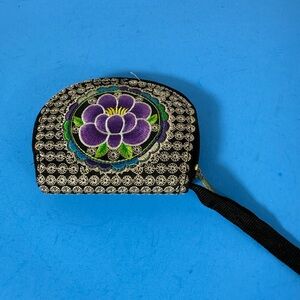 Embroidered Floral Black and Purple Women's Bag